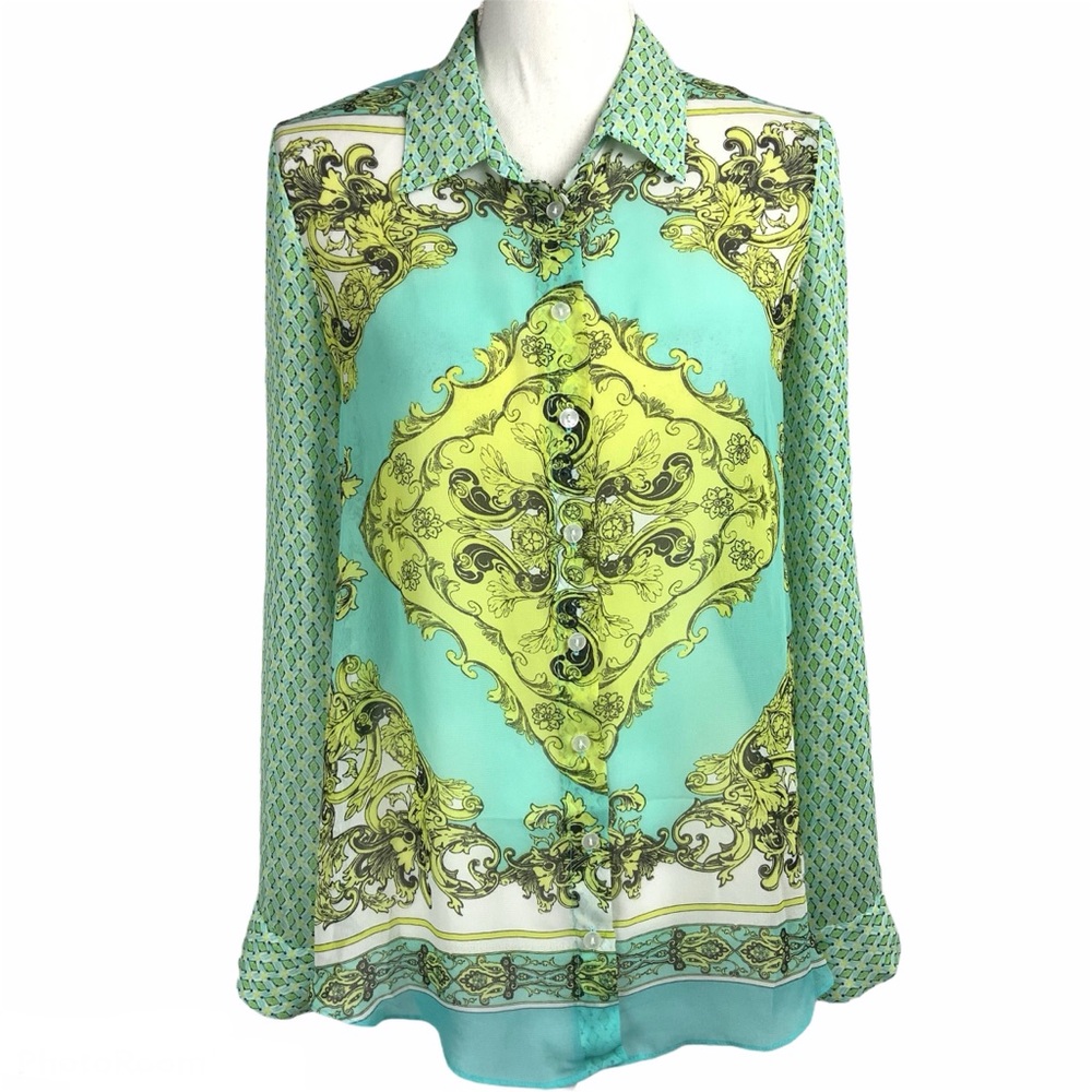 A Byer Womens Blouse Med Sheer Career Print Aqua